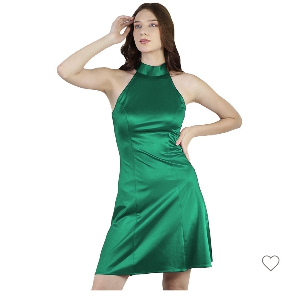 Emerald Satin Halter Mini Dress